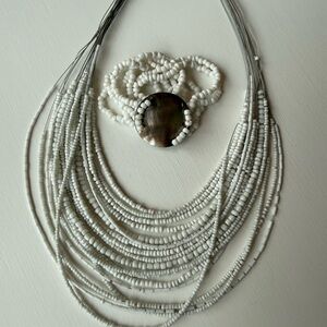 White Beaded Necklace and Bracelet Set